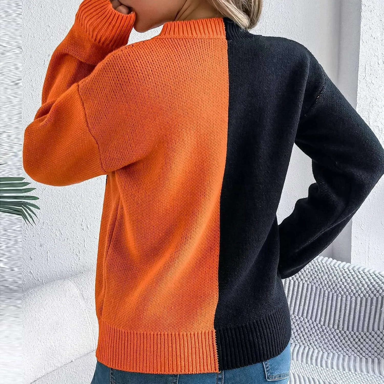 Women's 2024 Fall Fashion Turtleneck Long Sleeve Striped Ribbed Knit Loose Pullover Sweater Tops Crewneck Cozy Tops