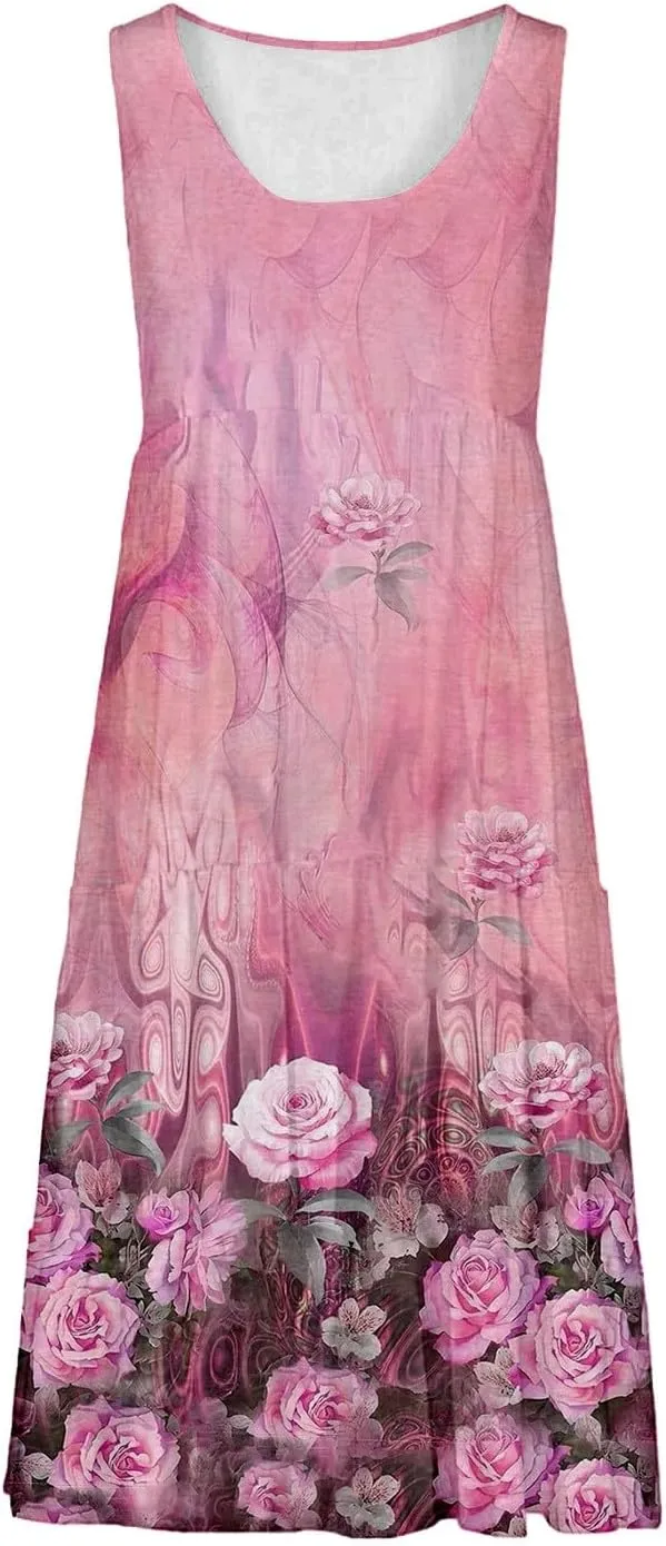 Women's 2025 Summer Casual Floral Dresses Sleeveless Boho Sundresses Vacation Loose Flowy Midi Dress