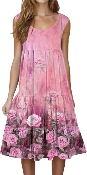 Women's 2025 Summer Casual Floral Dresses Sleeveless Boho Sundresses Vacation Loose Flowy Midi Dress