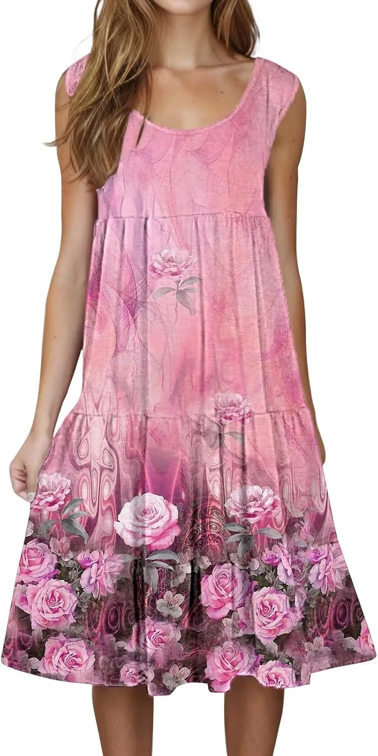 Women's 2025 Summer Casual Floral Dresses Sleeveless Boho Sundresses Vacation Loose Flowy Midi Dress