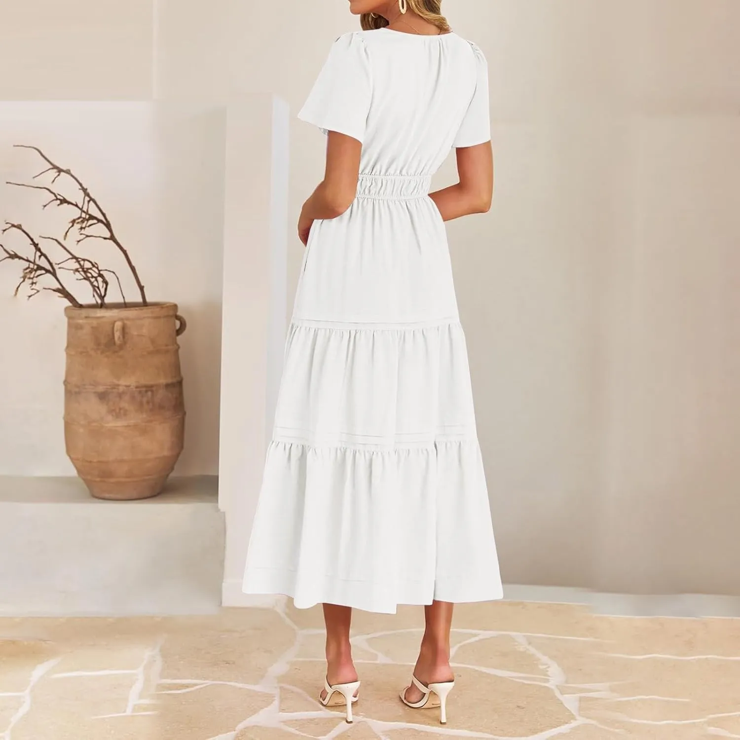 Womens 2025 Summer Dresses Square Neck Short Sleeve Solid Color High Waist Casual Elastic Flowy A Line Tiered Maxi Dress