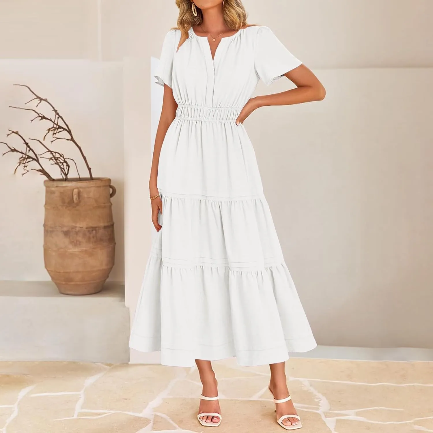 Womens 2025 Summer Dresses Square Neck Short Sleeve Solid Color High Waist Casual Elastic Flowy A Line Tiered Maxi Dress