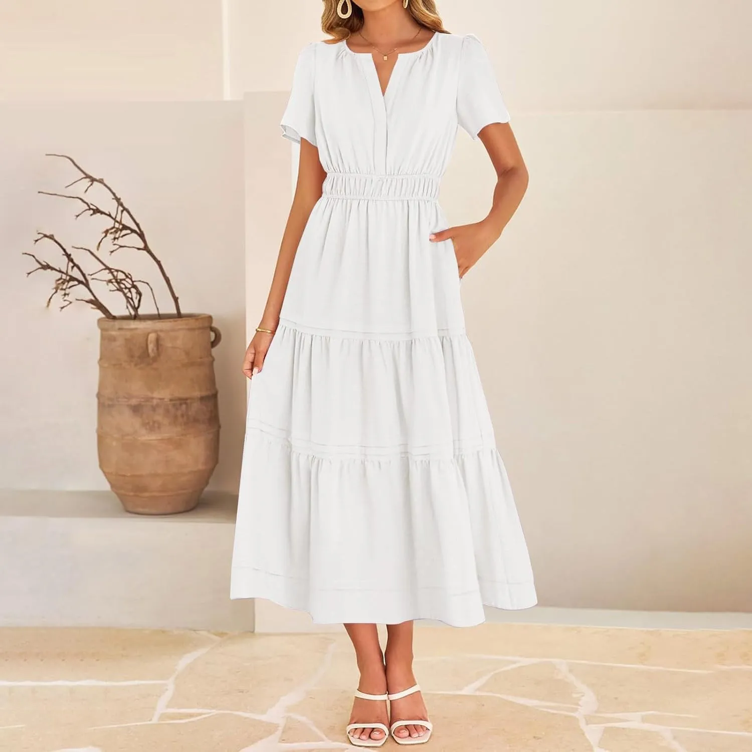 Womens 2025 Summer Dresses Square Neck Short Sleeve Solid Color High Waist Casual Elastic Flowy A Line Tiered Maxi Dress