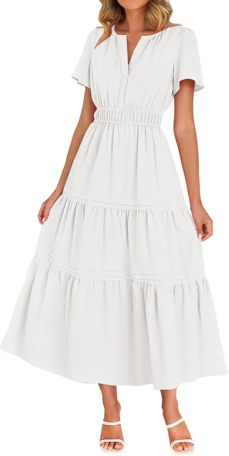 Womens 2025 Summer Dresses Square Neck Short Sleeve Solid Color High Waist Casual Elastic Flowy A Line Tiered Maxi Dress