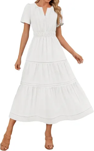 Womens 2025 Summer Dresses Square Neck Short Sleeve Solid Color High Waist Casual Elastic Flowy A Line Tiered Maxi Dress