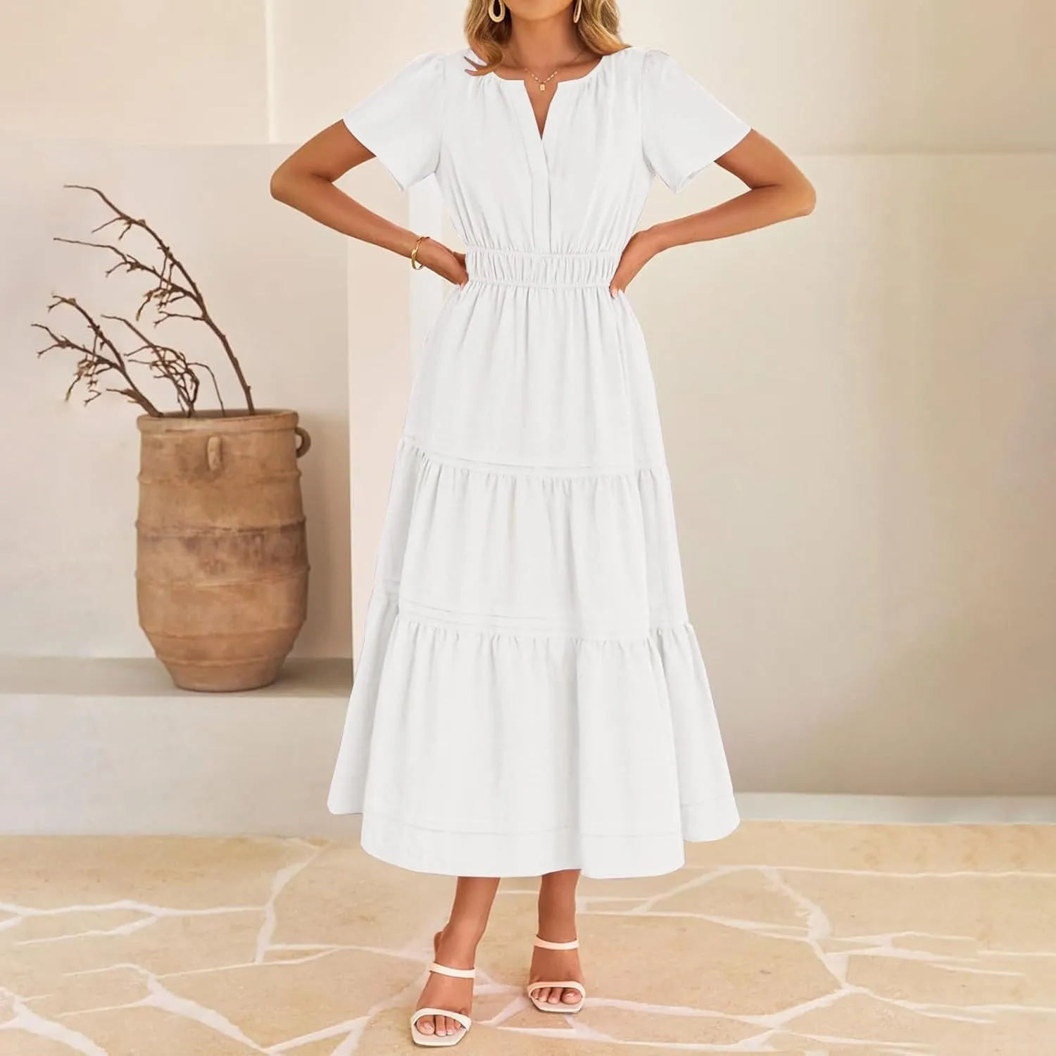 Womens 2025 Summer Dresses Square Neck Short Sleeve Solid Color High Waist Casual Elastic Flowy A Line Tiered Maxi Dress