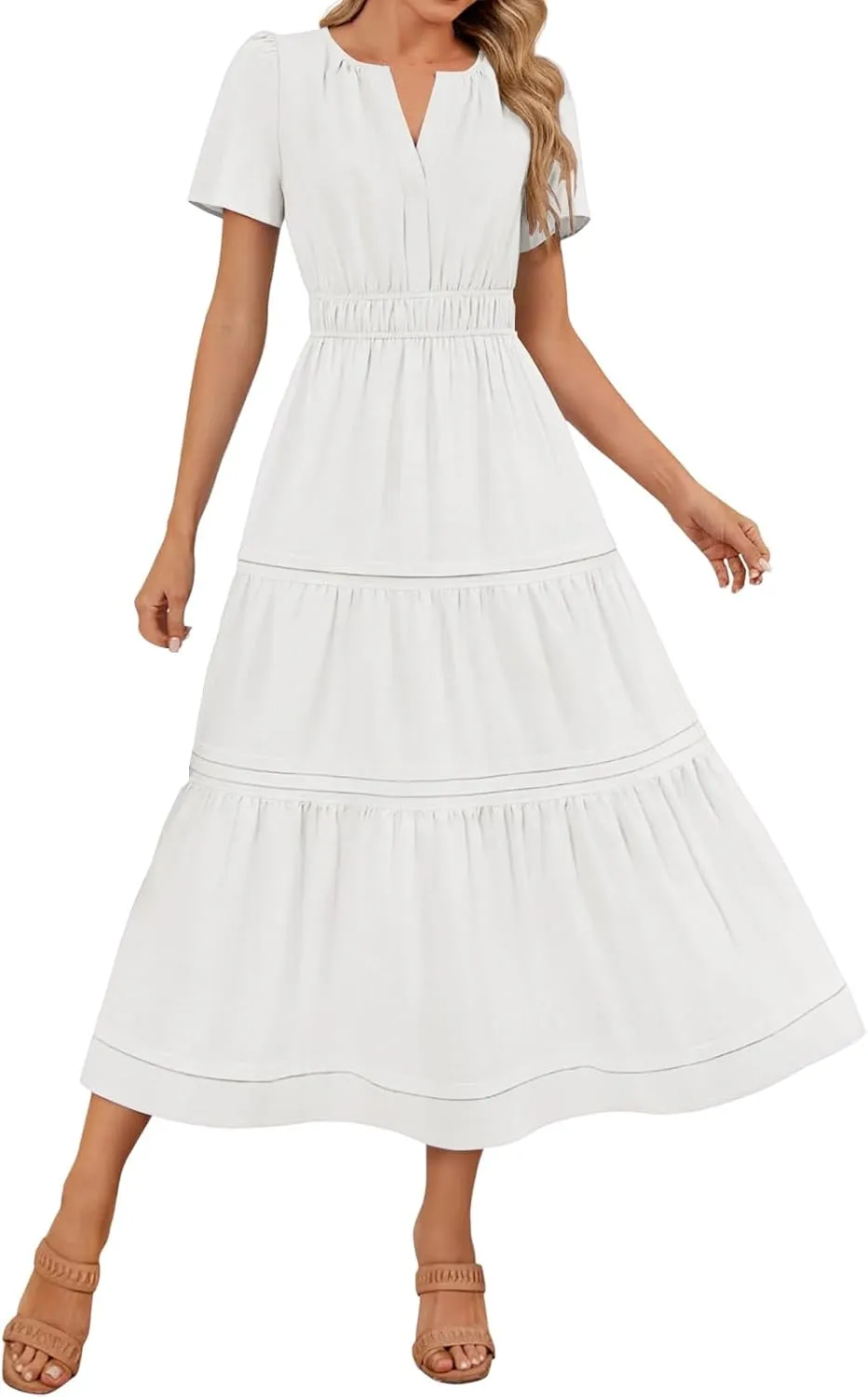 Womens 2025 Summer Dresses Square Neck Short Sleeve Solid Color High Waist Casual Elastic Flowy A Line Tiered Maxi Dress