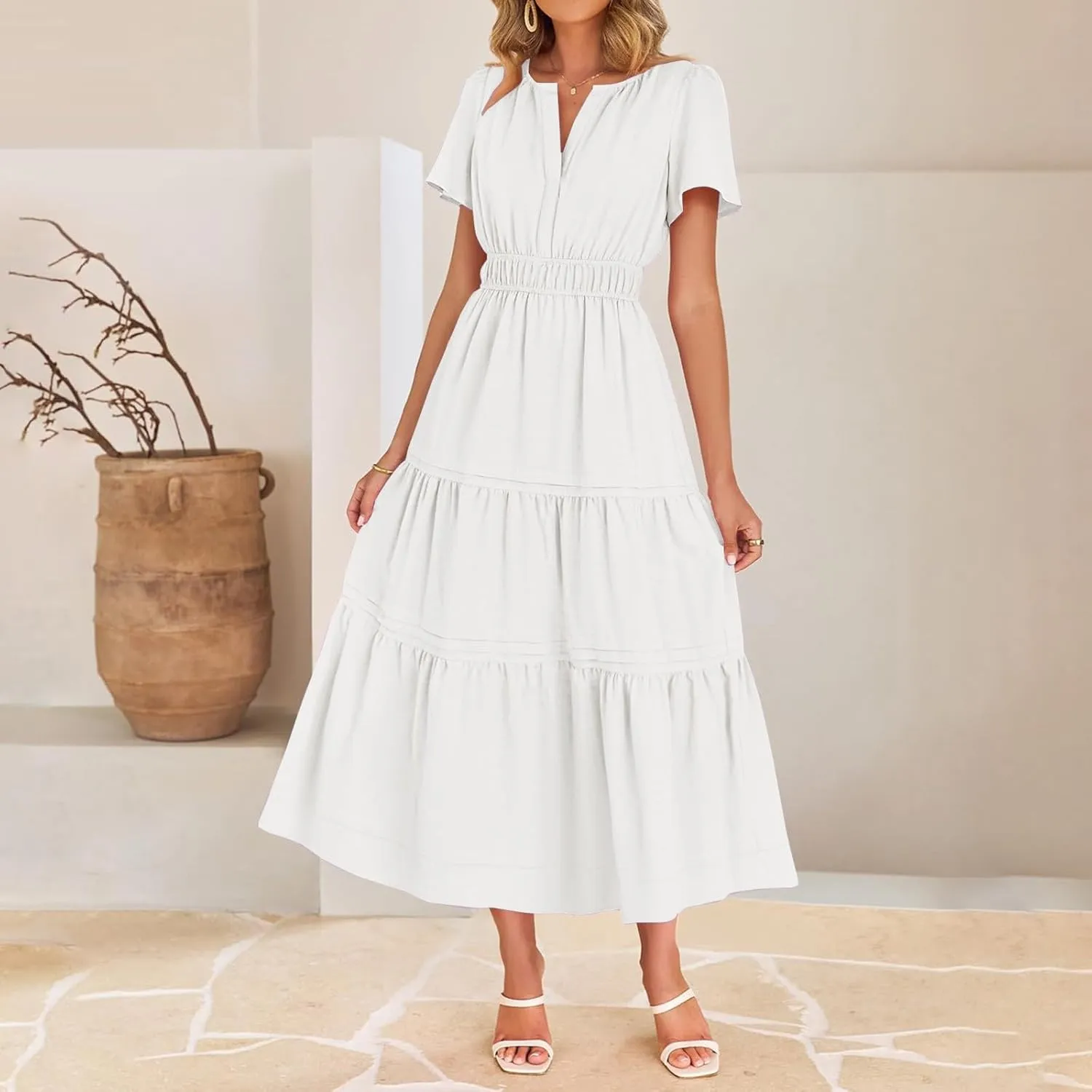 Womens 2025 Summer Dresses Square Neck Short Sleeve Solid Color High Waist Casual Elastic Flowy A Line Tiered Maxi Dress