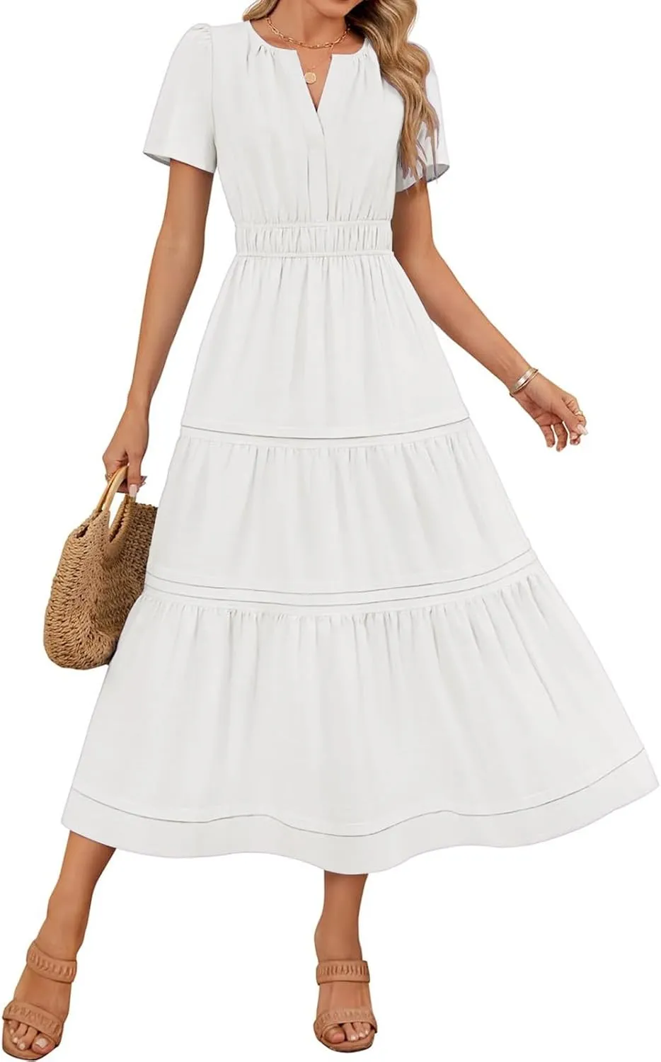 Womens 2025 Summer Dresses Square Neck Short Sleeve Solid Color High Waist Casual Elastic Flowy A Line Tiered Maxi Dress