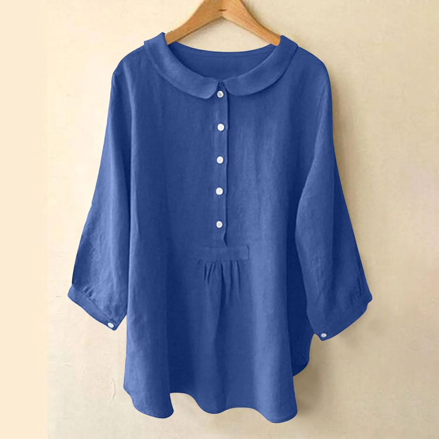 Womens 3/4 Sleeve Tops Button Down Crewneck Tunic Pullover Fashion Oversized Flowy Hem T-Shirts Cotton Linen Tees