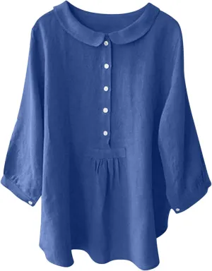 Womens 3/4 Sleeve Tops Button Down Crewneck Tunic Pullover Fashion Oversized Flowy Hem T-Shirts Cotton Linen Tees