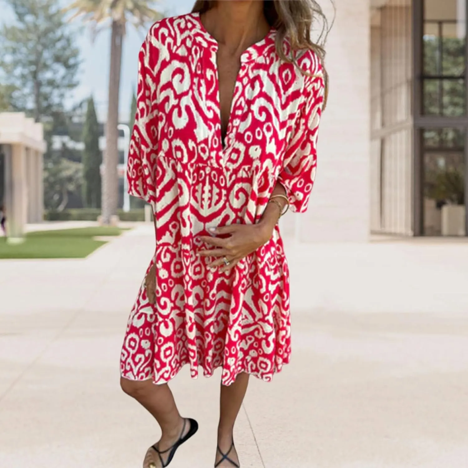 Women's Beach Cover Ups Sundress Casual V Neck Short Sleeve Boho Floral Print Flowy Maxi Summer Dresses