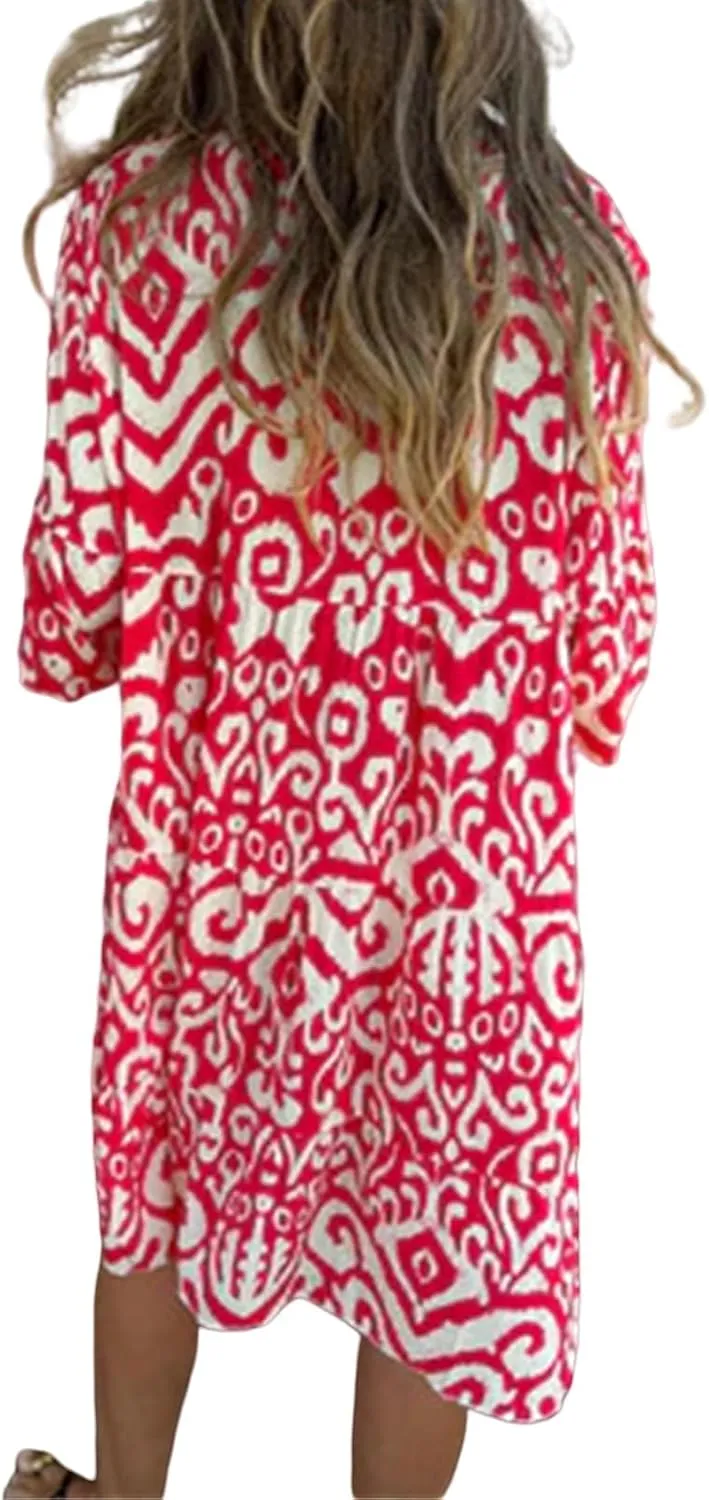 Women's Beach Cover Ups Sundress Casual V Neck Short Sleeve Boho Floral Print Flowy Maxi Summer Dresses