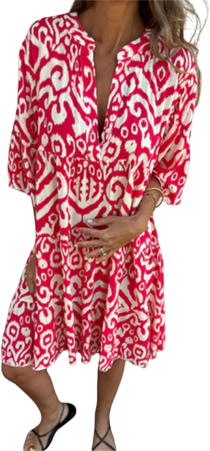 Women's Beach Cover Ups Sundress Casual V Neck Short Sleeve Boho Floral Print Flowy Maxi Summer Dresses