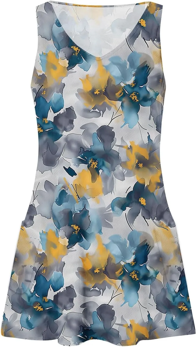 Women's Beach Dress Summer Fashion Floral Print V Neck Sleeveless Short Dress Casual Loose Breathable Sundress