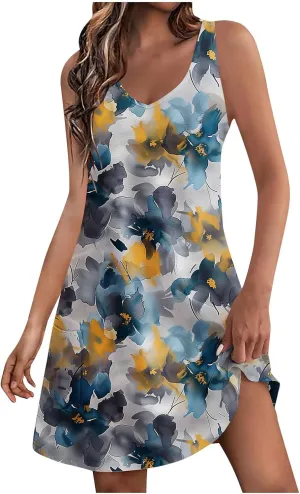 Women's Beach Dress Summer Fashion Floral Print V Neck Sleeveless Short Dress Casual Loose Breathable Sundress