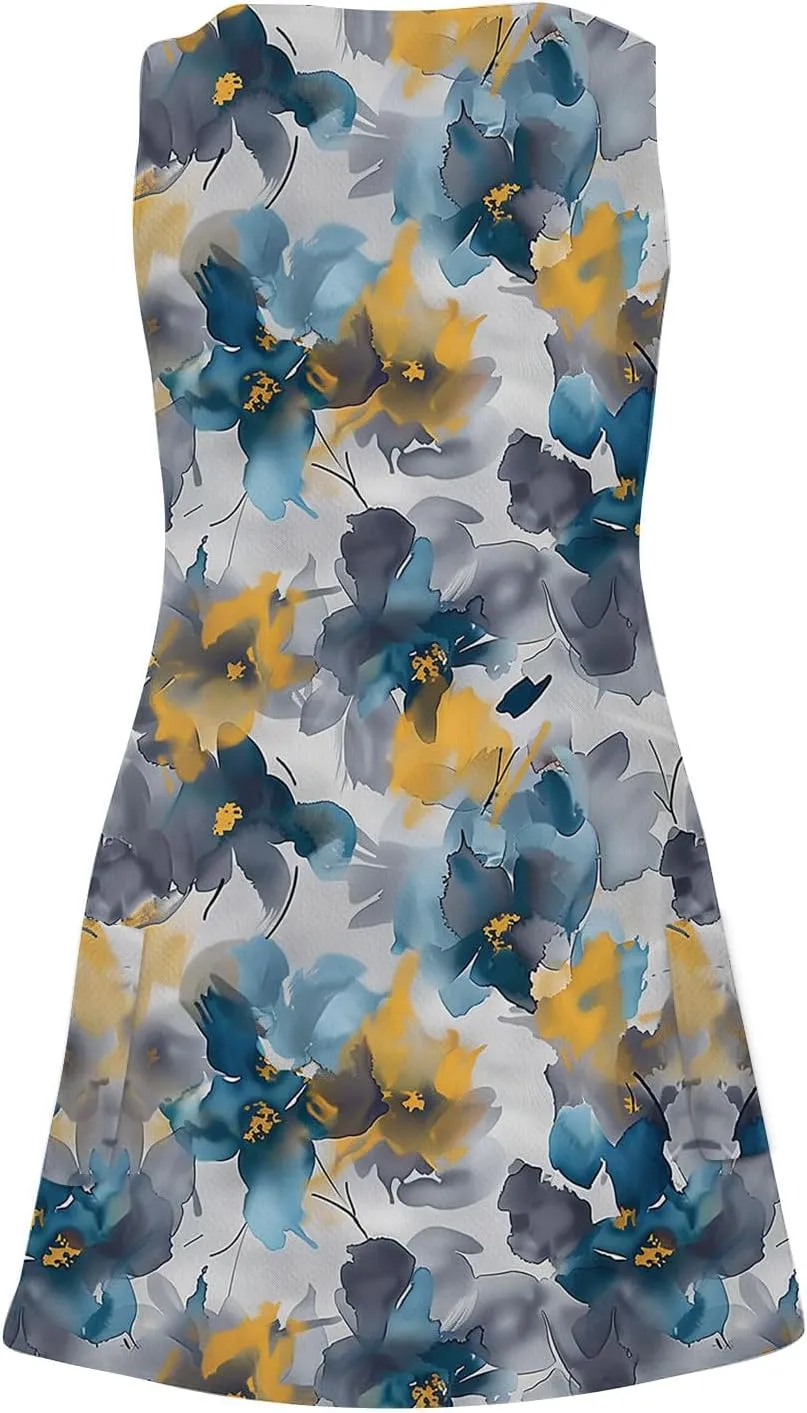 Women's Beach Dress Summer Fashion Floral Print V Neck Sleeveless Short Dress Casual Loose Breathable Sundress