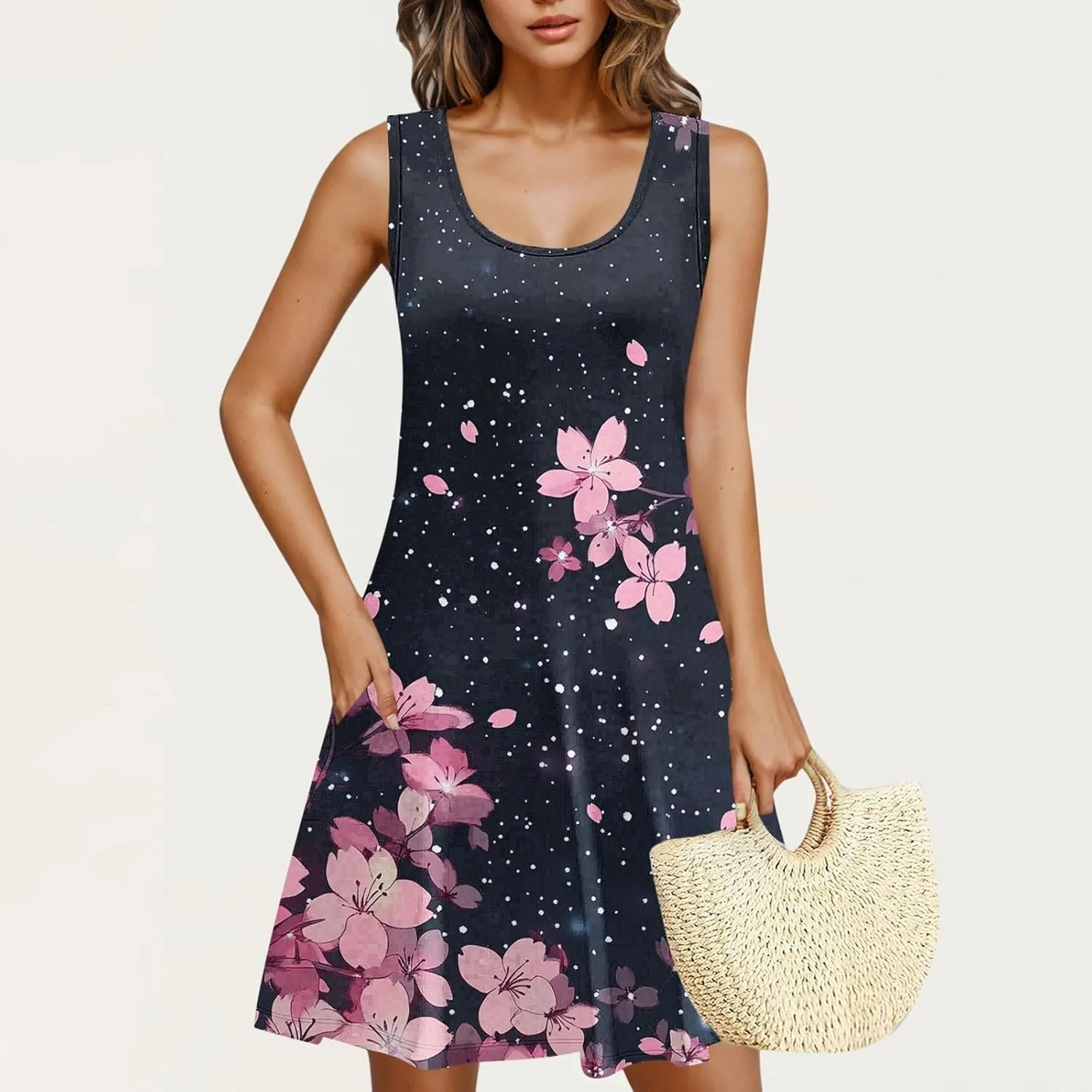 Women's Beach Dresses Loose Swimsuit Cover Ups Sleeveless Vacation Dresses Flowy Mini Dress Print Casual Dresses