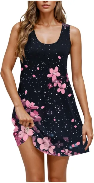 Women's Beach Dresses Loose Swimsuit Cover Ups Sleeveless Vacation Dresses Flowy Mini Dress Print Casual Dresses
