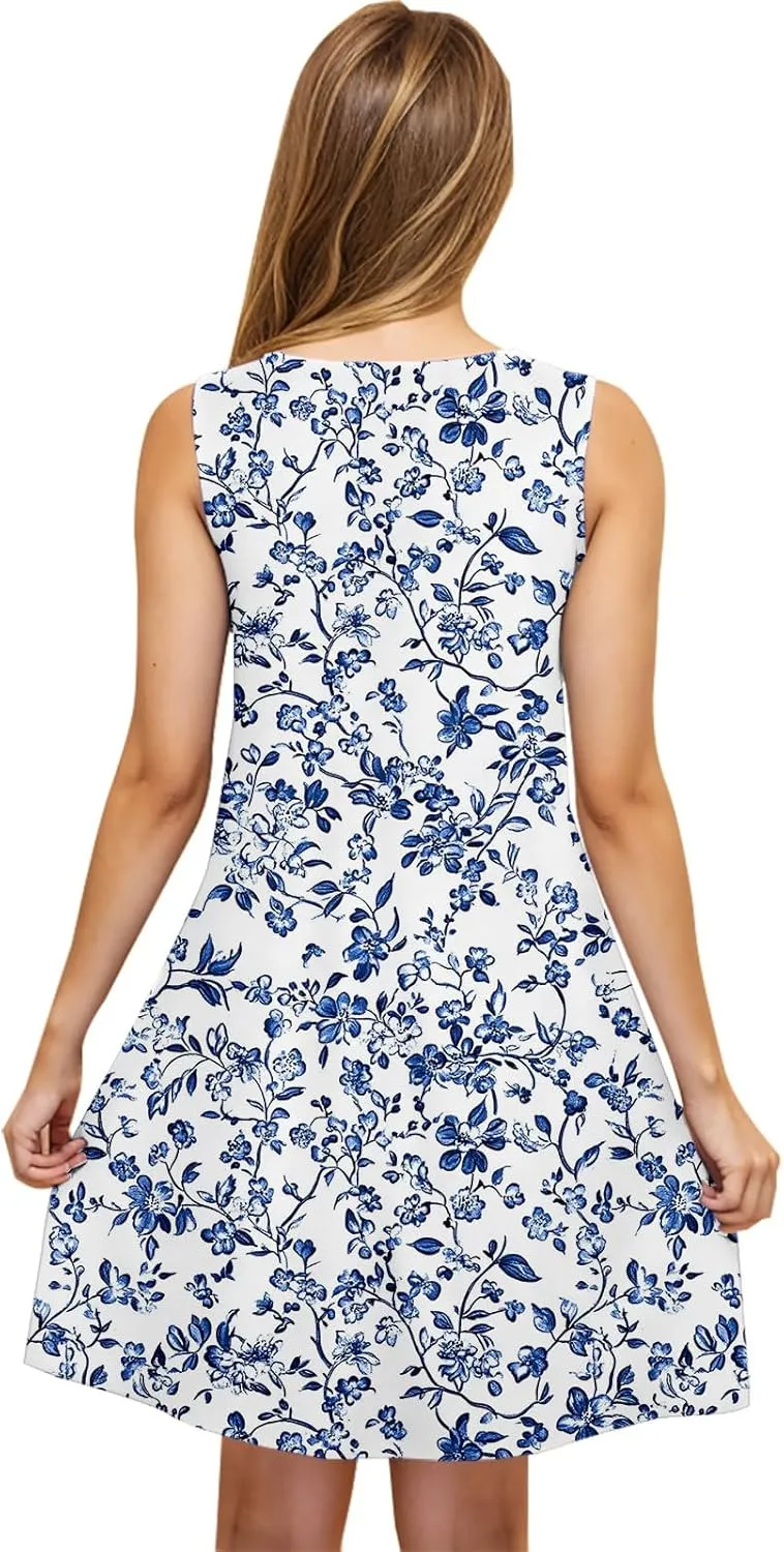 Women's Beach Dresses Trendy Swimsuit Cover Ups Sleeveless Vacation Dresses Floral Swing Mini Dress Flowy Dresses