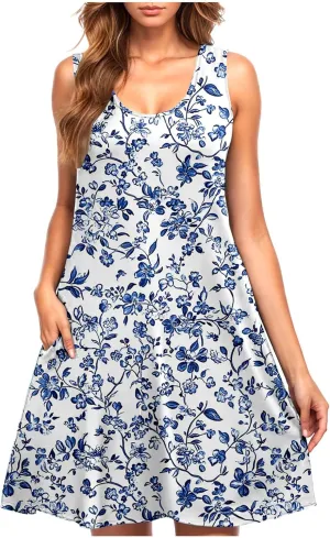 Women's Beach Dresses Trendy Swimsuit Cover Ups Sleeveless Vacation Dresses Floral Swing Mini Dress Flowy Dresses