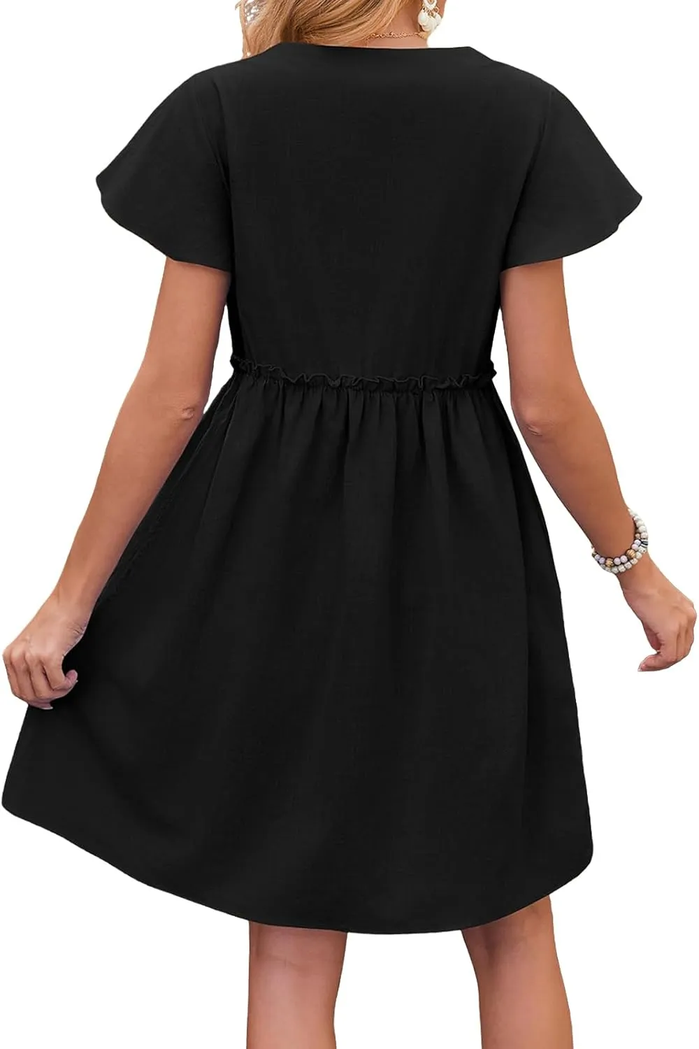 Womens Boho Dresses 2025 Button Down Summer Dresses Short Sleeve V Neck Dress Flowy Smocked Ruffle A Line Mini Dress