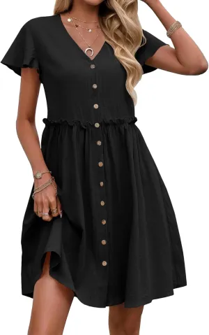 Womens Boho Dresses 2025 Button Down Summer Dresses Short Sleeve V Neck Dress Flowy Smocked Ruffle A Line Mini Dress