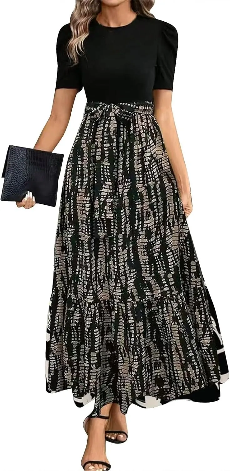 Womens Boho Dresses Spring Summer Floral Print Maxi Dress with Belt Beach Vacation Dresses for Wedding Guest 2025