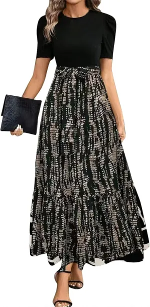 Womens Boho Dresses Spring Summer Floral Print Maxi Dress with Belt Beach Vacation Dresses for Wedding Guest 2025