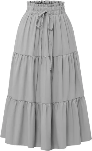 Women’s Boho Elastic High Waist Pleated A-Line Flowy Swing Tiered Maxi Long Skirt Dress with Pockets