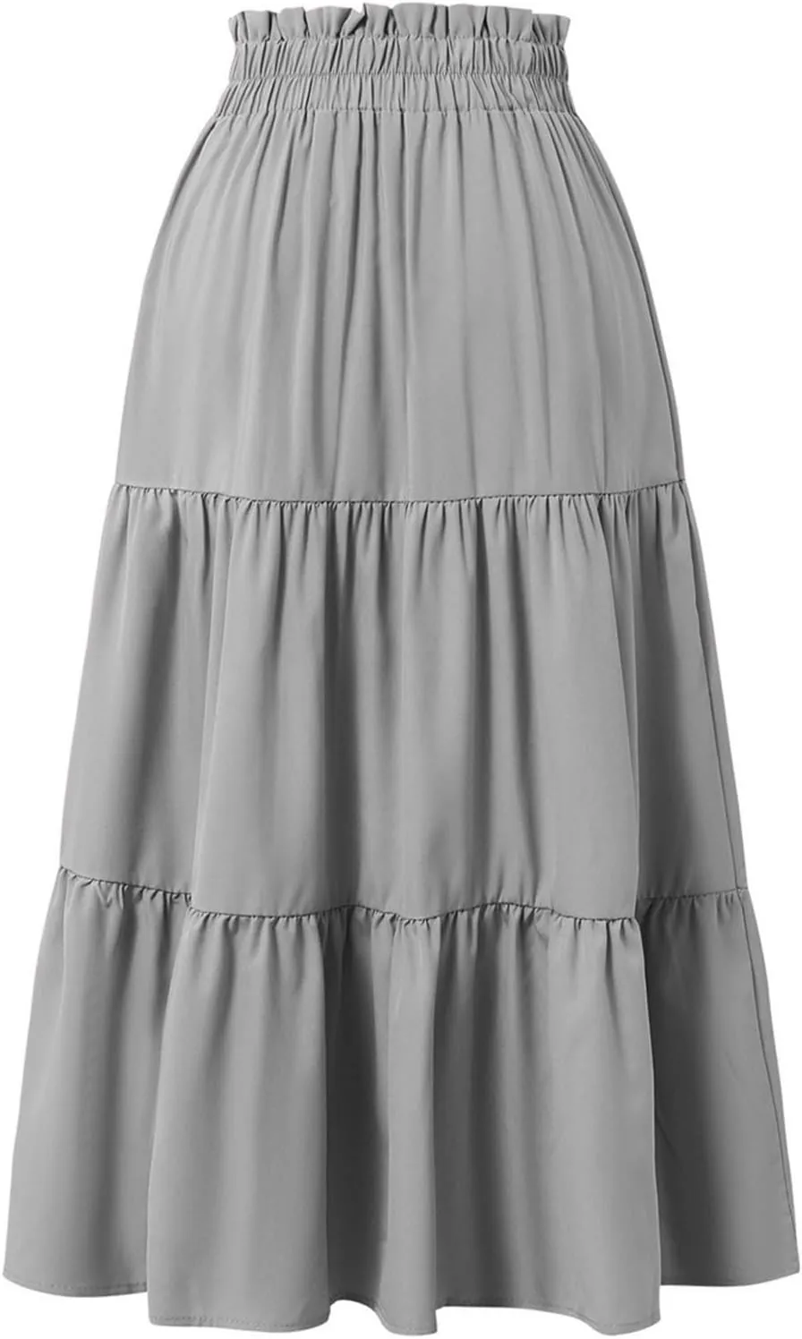 Women’s Boho Elastic High Waist Pleated A-Line Flowy Swing Tiered Maxi Long Skirt Dress with Pockets