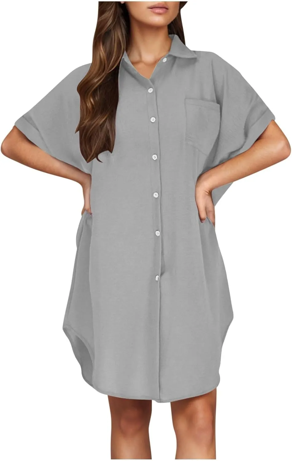 Womens Button Down Shirt Dress 2025 Summer Collared Short Sleeve Solid Color Mini Shift Dresses with Pocket