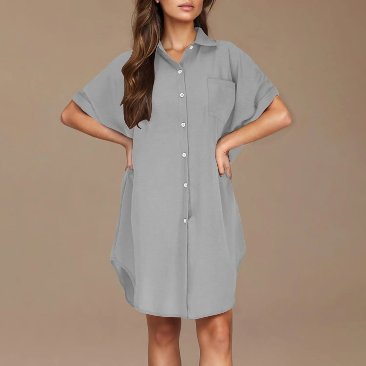Womens Button Down Shirt Dress 2025 Summer Collared Short Sleeve Solid Color Mini Shift Dresses with Pocket