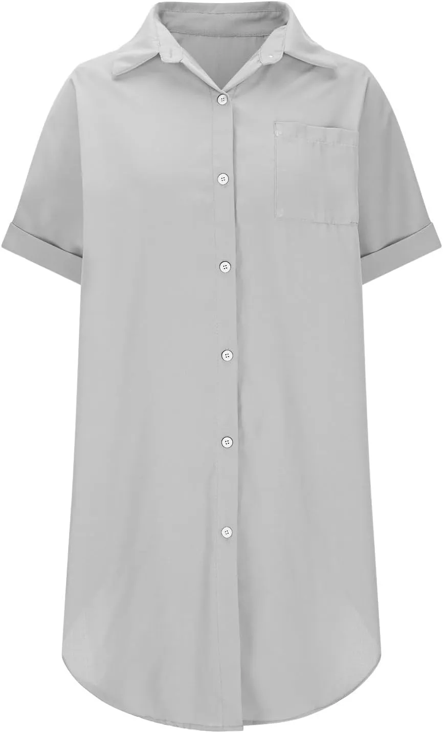 Womens Button Down Shirt Dress 2025 Summer Collared Short Sleeve Solid Color Mini Shift Dresses with Pocket