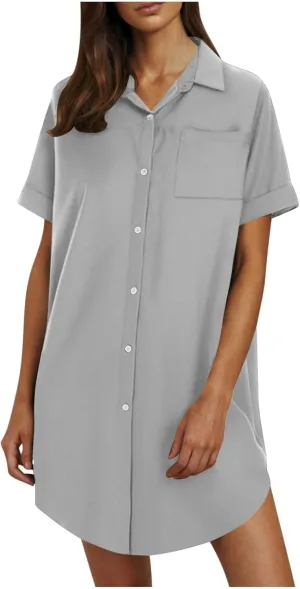 Womens Button Down Shirt Dress 2025 Summer Collared Short Sleeve Solid Color Mini Shift Dresses with Pocket