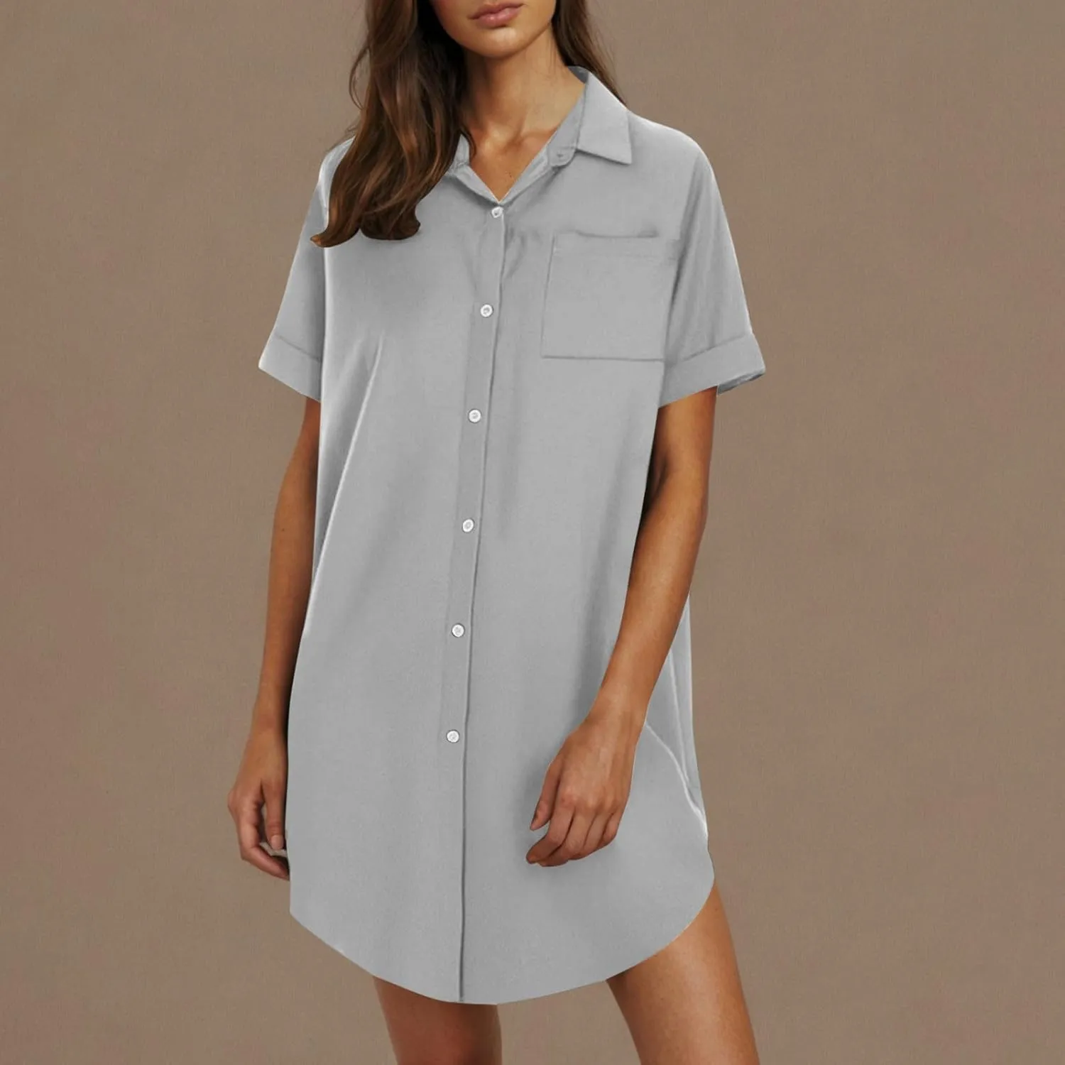 Womens Button Down Shirt Dress 2025 Summer Collared Short Sleeve Solid Color Mini Shift Dresses with Pocket