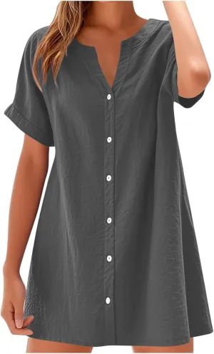 Womens Button Down Shirt Dresses Summer Lightweight Casual Beach Vacation V-Neck Short Sleeve Mini Dress