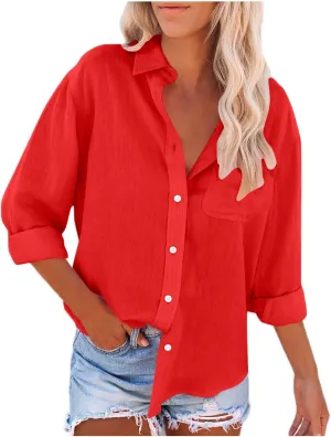 Womens Button Down Shirts Summer Long Sleeve Rolled Cotton Linen Tees Casual V Neck Collared Dressy Tops with Pocket