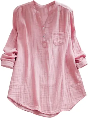 Womens Button Linen Short Sleeve T-Shirts Summer Fashion Casual Plus Size Tee Tops Round Neck Loose Fit Tshirt