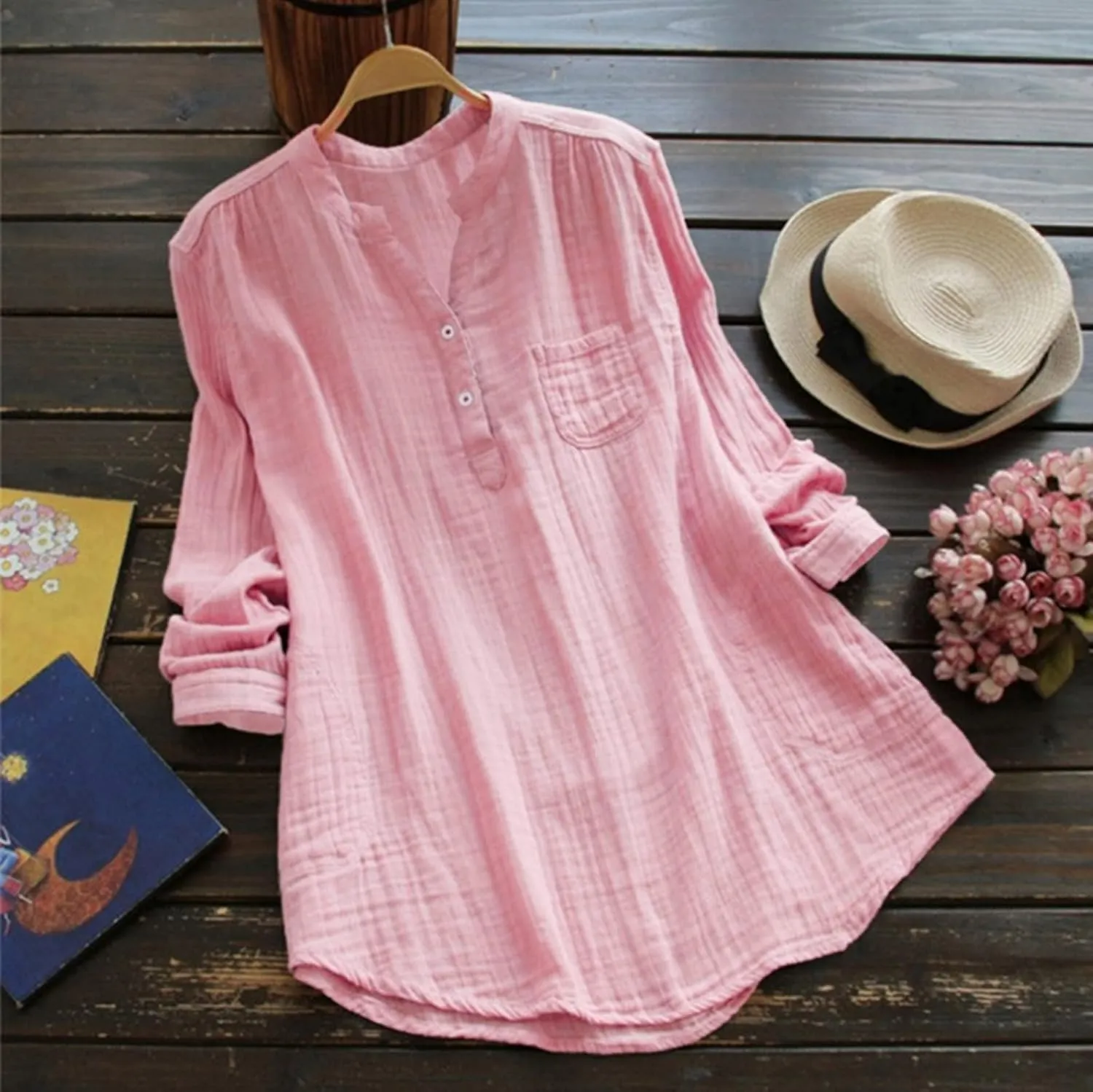 Womens Button Linen Short Sleeve T-Shirts Summer Fashion Casual Plus Size Tee Tops Round Neck Loose Fit Tshirt