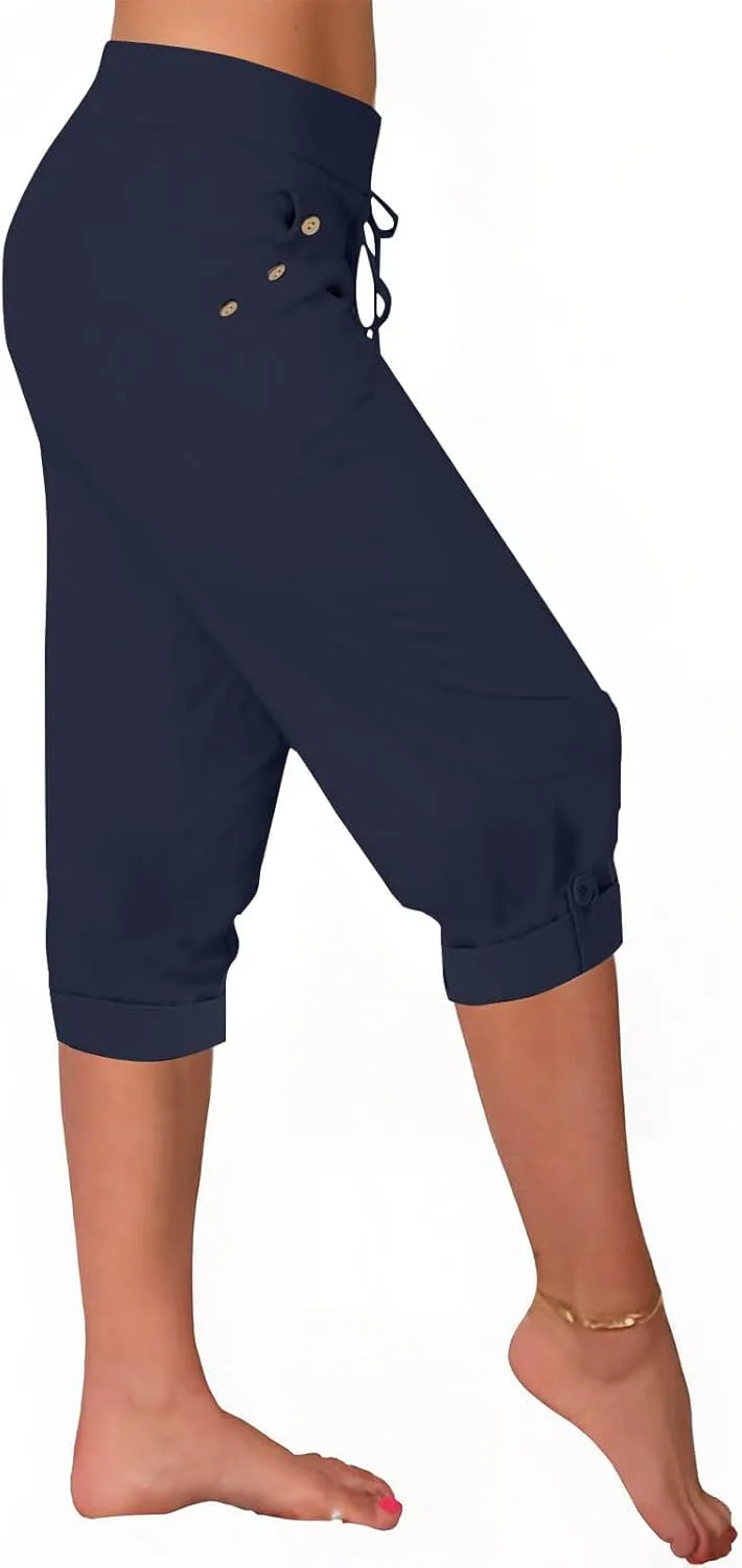Women's Capris Lightweight Sweatpants Joggers High Waisted Athletic Lounge Pants Ladies Drawstring Crop Trousers