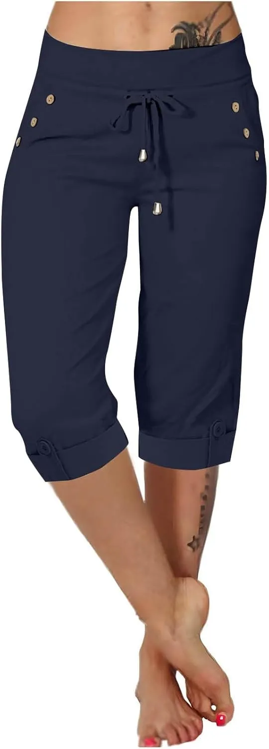 Women's Capris Lightweight Sweatpants Joggers High Waisted Athletic Lounge Pants Ladies Drawstring Crop Trousers