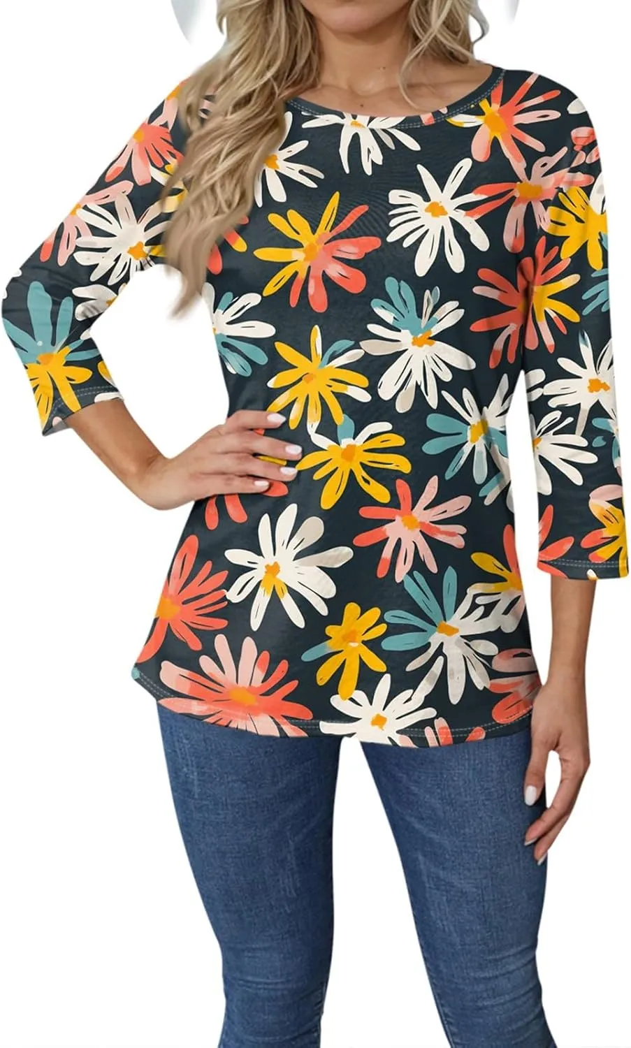 Women's Casual 3/4 Sleeve T-Shirts Round Neck Cute Tunic Tops Basic Tees Blouses Summer Fashion Tee Top
