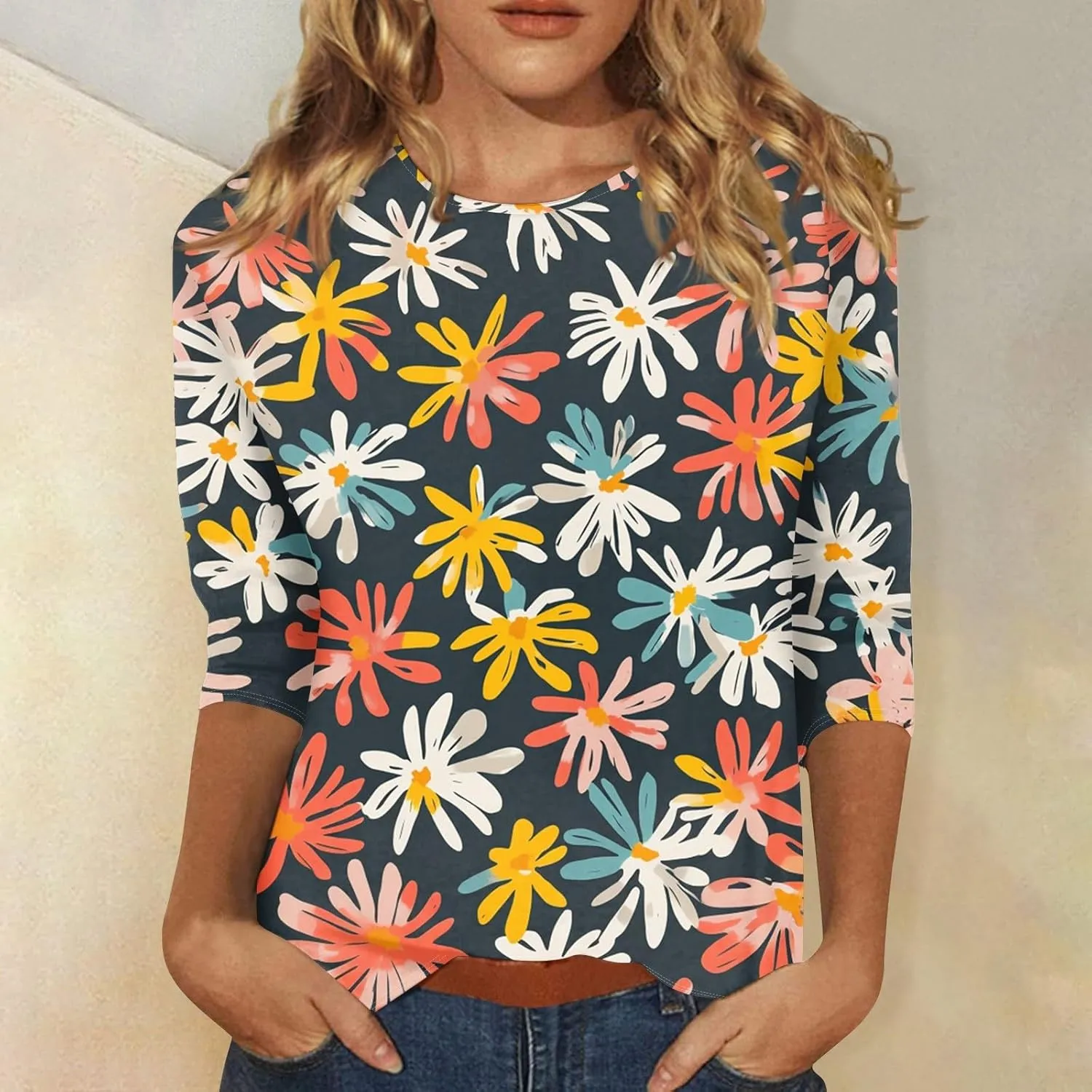 Women's Casual 3/4 Sleeve T-Shirts Round Neck Cute Tunic Tops Basic Tees Blouses Summer Fashion Tee Top