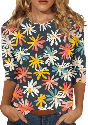 Women's Casual 3/4 Sleeve T-Shirts Round Neck Cute Tunic Tops Basic Tees Blouses Summer Fashion Tee Top