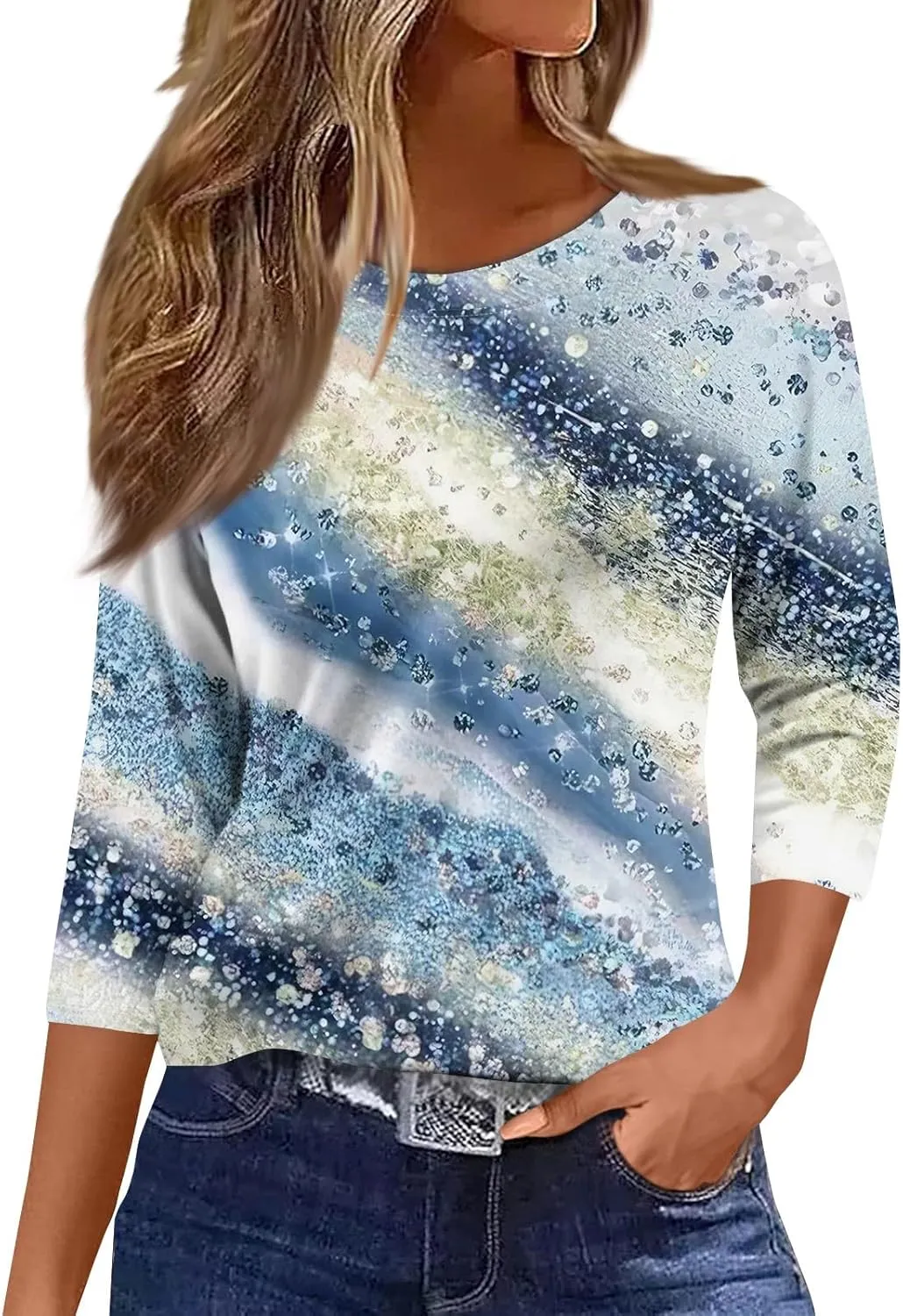 Women's Casual Crew-Neck 3/4 Sleeve Floral Print Loose Blouse Top for Spring Summer Fashion Outfit 2025