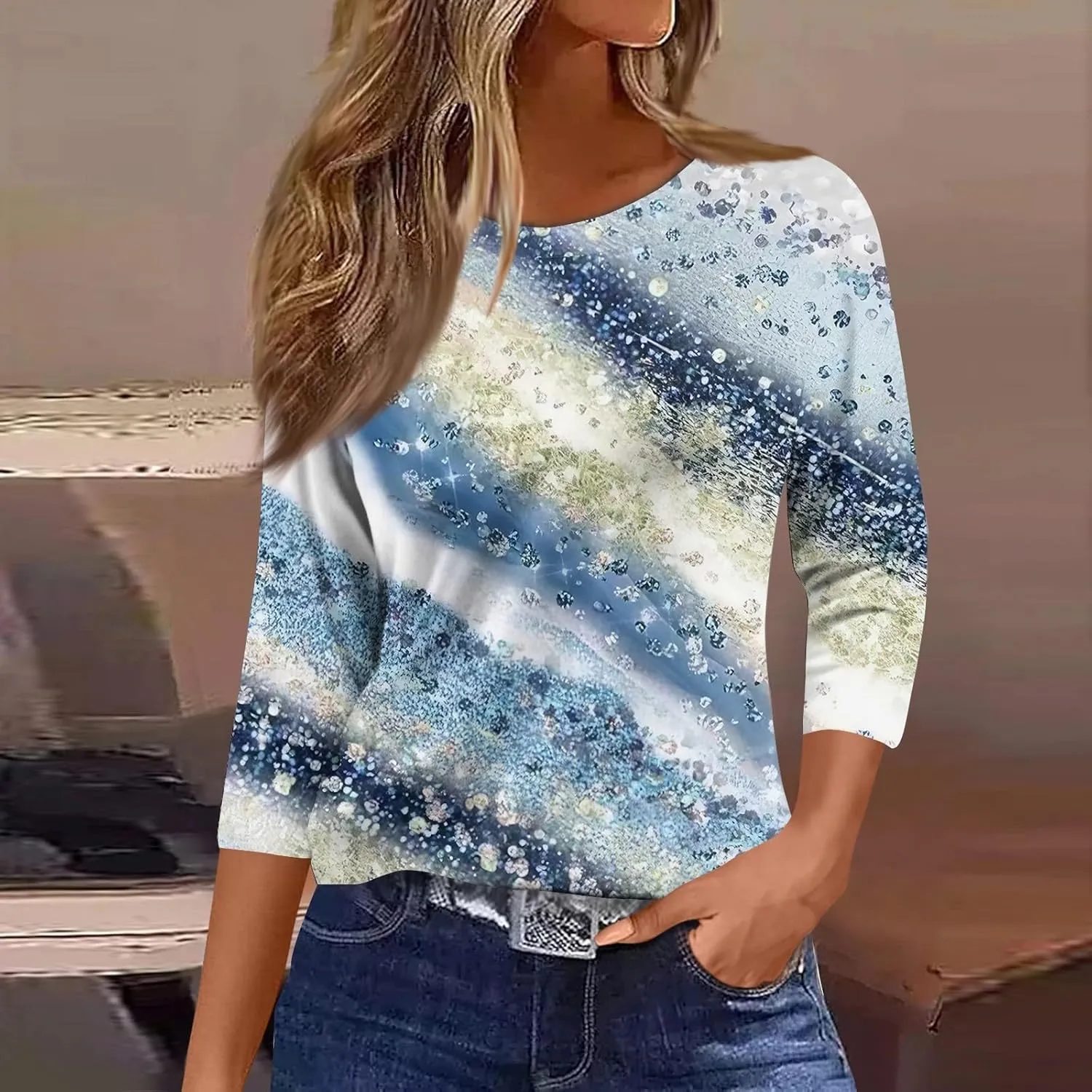 Women's Casual Crew-Neck 3/4 Sleeve Floral Print Loose Blouse Top for Spring Summer Fashion Outfit 2025