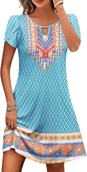Women's Casual Dresses 2024 Summer Short Sleeve Crewneck Tunic Shift Dress Beach Floral A-Line Sundress with Pockets