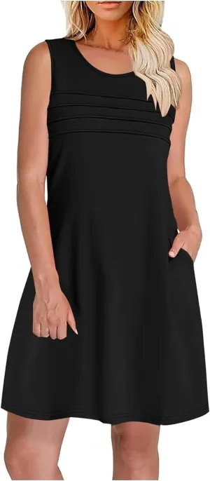 Women's Casual Front Pleated Sleeveless Tank Dress Summer Crew Neck Tshirt Dress Beach Vacation A Line Sundress