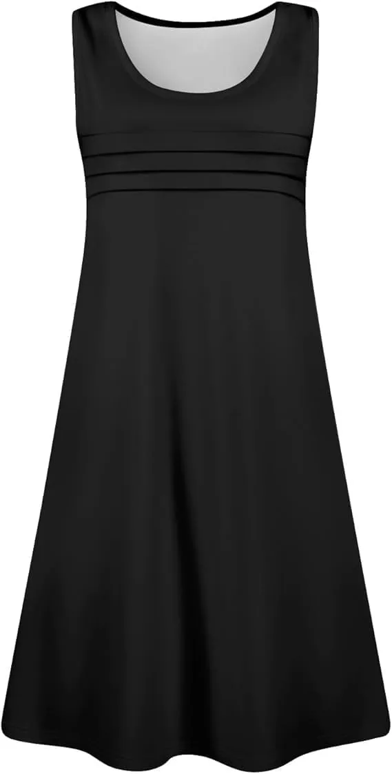 Women's Casual Front Pleated Sleeveless Tank Dress Summer Crew Neck Tshirt Dress Beach Vacation A Line Sundress